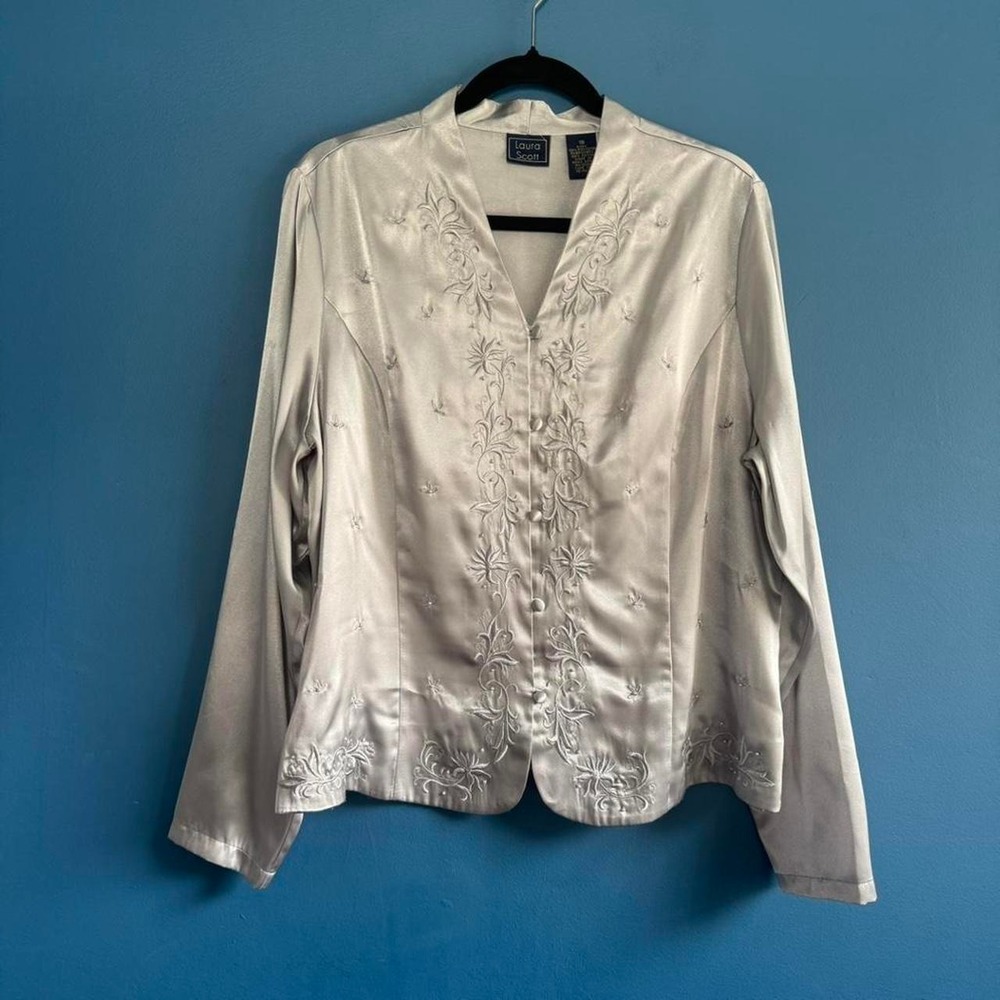 Vintage 90s Embroidered Blouse Women's Plus Size 18 Silver Beaded Laura Scott